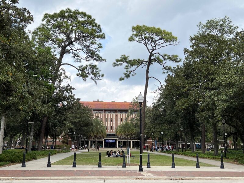 UF students relax in a green space. Trees surround the grassy area and the sun shines overhead.